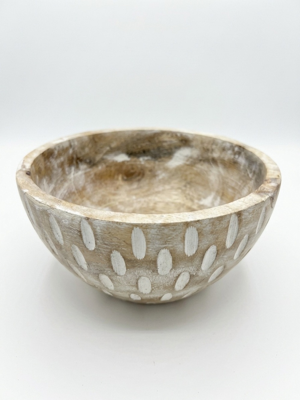 Whitewashed Carved Mango Wood Decorative Bowl Organic Modern Boho Style